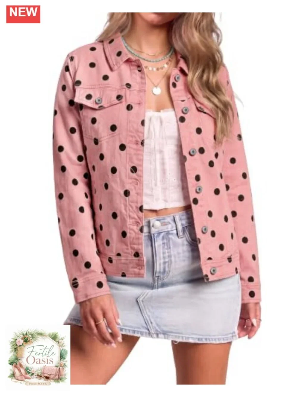 Women's Polka Dot Stretch Denim Jacket with Pockets